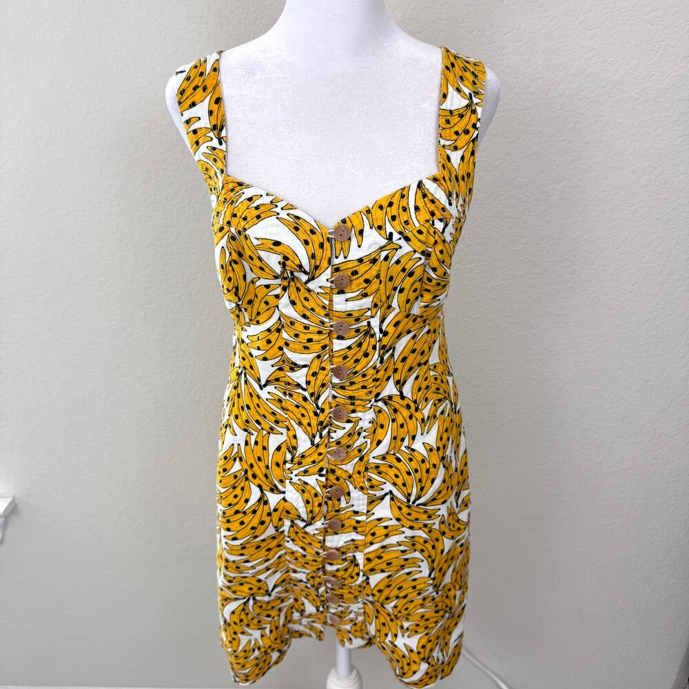 Farm Rio Womens Sleeveless Banana Cross Back Mini Dress Sz S Linen Summer Yellow